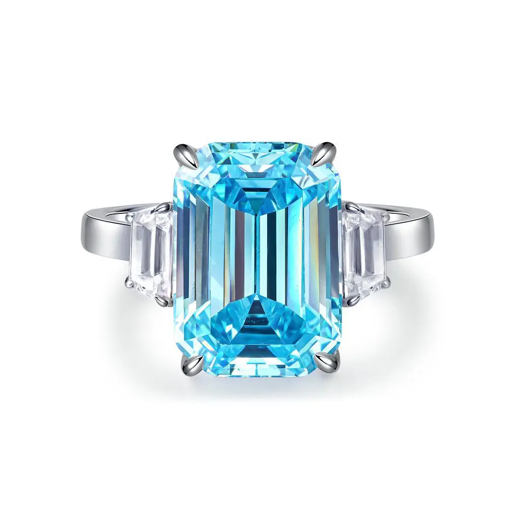 Oval Blue Gemstone Ring S925 Sterling Silver Fine Jewelry For Women Girl Emerald Cut  Lab Grown 5A Zircon High Carbon Diamond