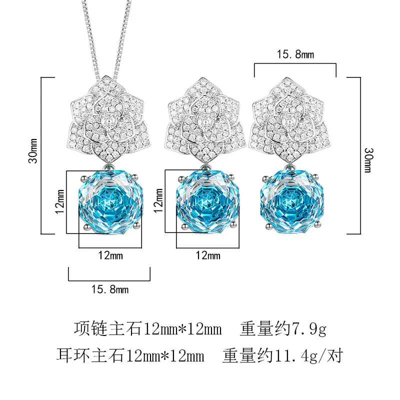 Rose Cut 12mm High Quality Zircon Aqua Petal White Gold Plated Pendant Jewelry Set Bridal Trendy Elegant