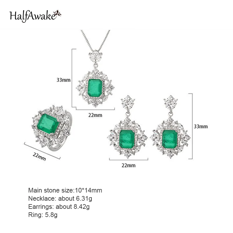 Vintage Emerald Jewelry Sets Zircon Dainty Necklace Chain With Pendant Drop Earrings Antique Ring For Women Wedding Anniversary