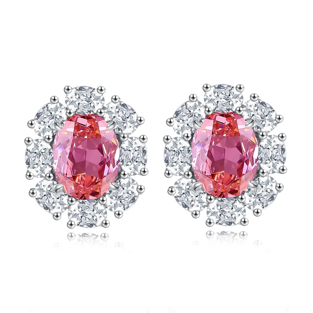 S925 Sterling Silver Earring Stud For Women's Sapphire Pink High Carbon Diamond Jewelry Round  Ruby Emerald Gemstone Charm Party