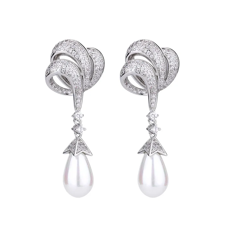 Elegant Artificial Pearl Luxury Jewelry Set For Women Bowknot Silver Alloy Necklace Earrings Popular Engagement Wedding