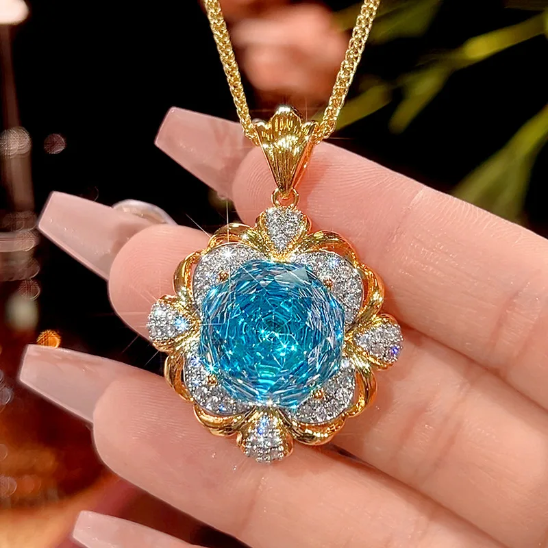 Aqua 16-14mm High Quality Zircon Vintage Brushed White Gold Plated Luxury Jewelry Set Retro Trendy