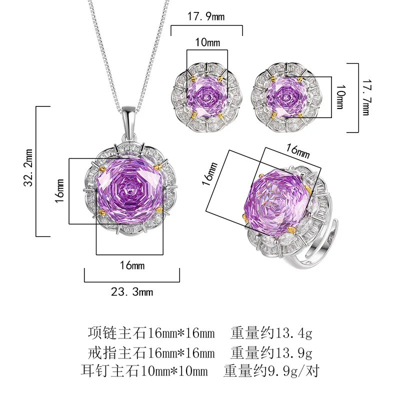 Rose Cut 16-10mm High Quality Zircon Violet White Gold Plated Luxury Jewelry Set Bridal Wedding Gift Trendy