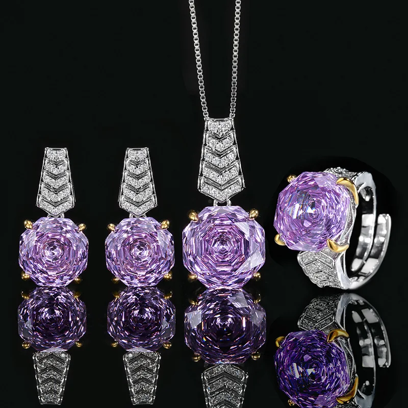 Rose Cut 14-12mm High Quality Zircon Violet White Gold Plated Elegant Luxury Jewelry Set Trendy Statement