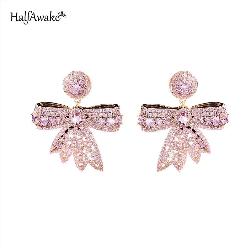 Pink Red Cubic Zirconia Bowknot Stud Earrings for Women S925 Silver Needle Valentine's Day Gift