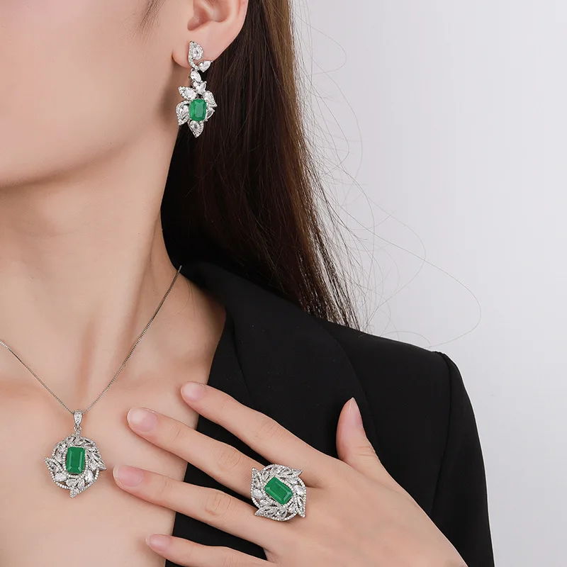 Emerald Natural Stone Rhinestones Zircon Earrings Luxury Ring Necklace Jewelry Sets For Women Charm 925 Jewelry Sets For Women