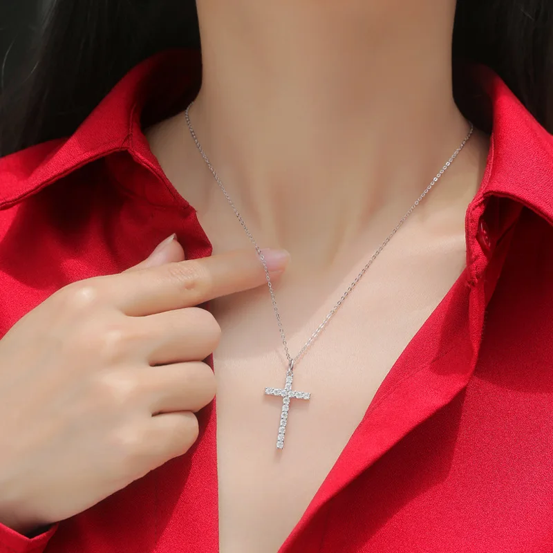 925 Silver Original Cross Pendant Necklace Sparkling Moissanite Timeless Symbol Men's Women's Neck Chain High Quality Jewelry