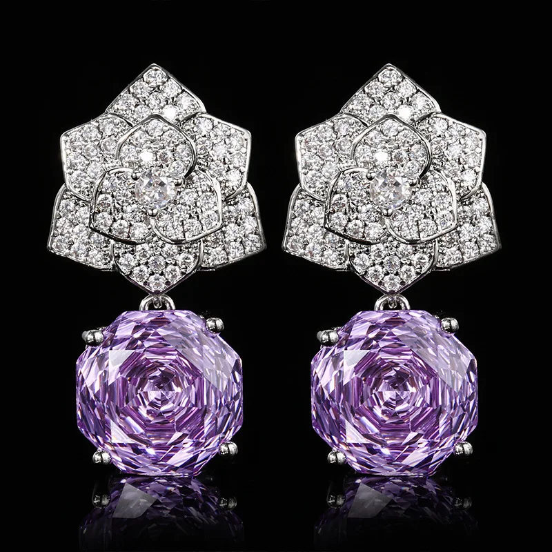 Rose Cut 12mm High Quality Zircon Violet Petal Pendant White Gold Plated Jewelry Set Wedding Party Fashion