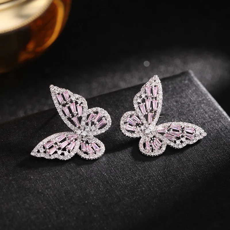 New Fashion Hollow Elegant Butterfly Earrings For Women Colorful Zircon Light Luxury Silver Plated Earrings Jewelry New Trend