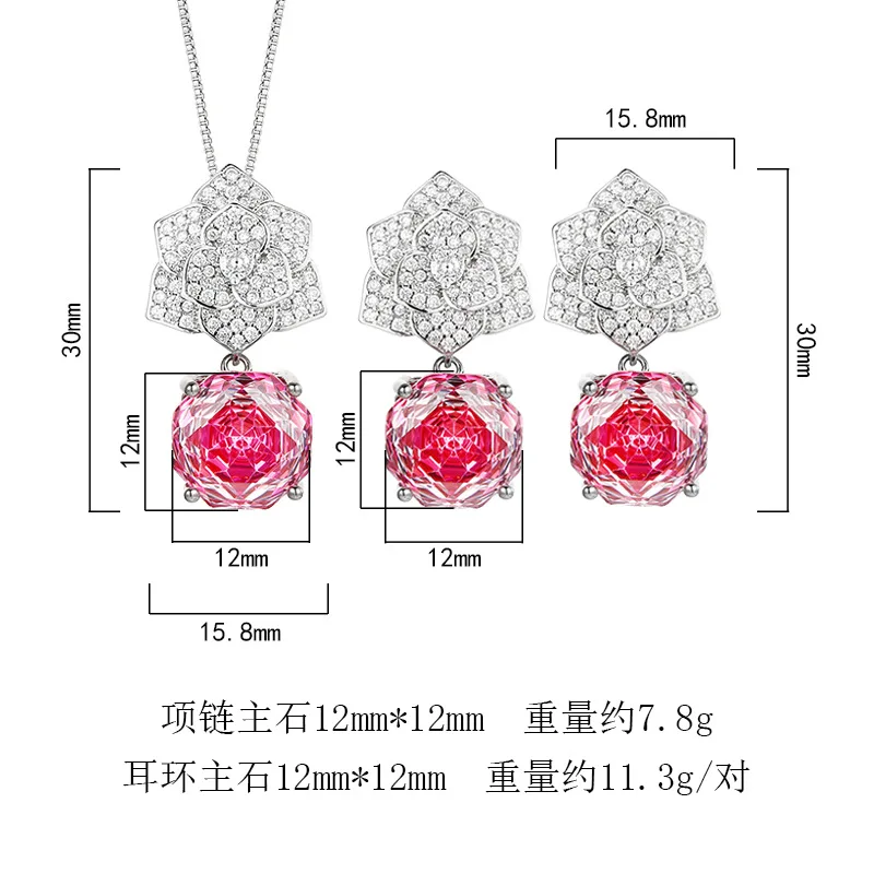 Rose Cut 12mm High Quality Zircon Pink Petal Pendant White Gold Plated Fashion Jewelry Set Best Seller Party Gift Trendy