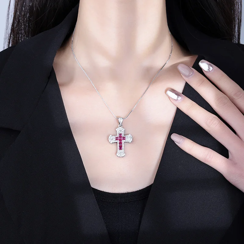 Gold Plated Retro Style Color Gemstone Cross Temperament Fashion Women's Necklace Master 5 * 5 Faith Pendant Men's Charm Party