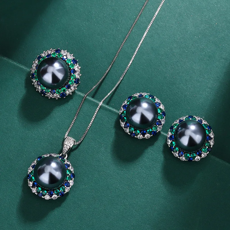Pearl Necklace Jewelry Sets For Women Silver Needle Tahiti Earrings Set Emerald Zircon Rings Mothers Day Gift Set Luxury Charm