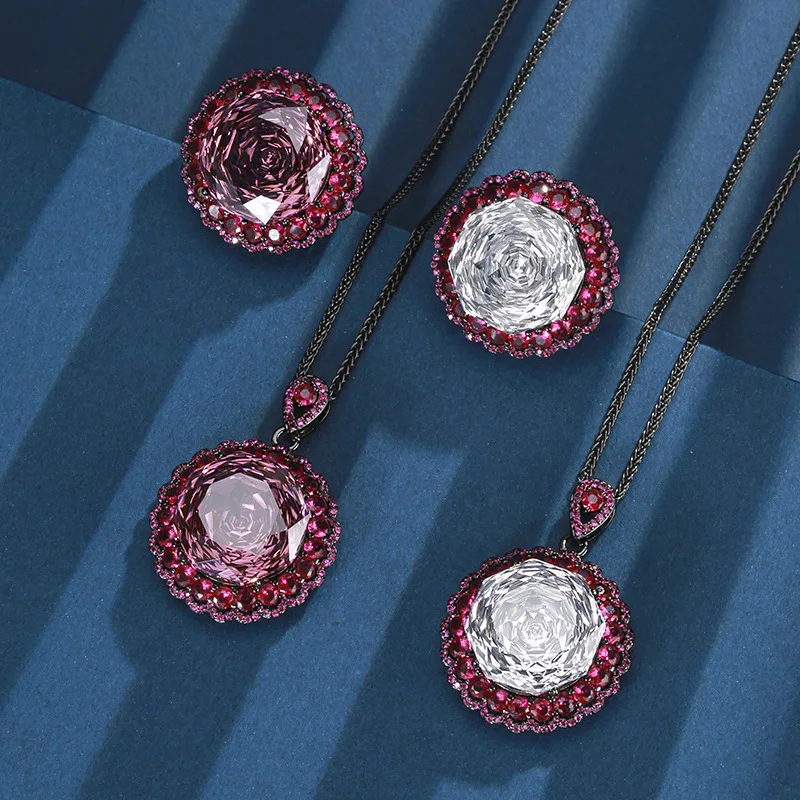 Rose Cut 18mm High Quality Zircon Round White Gold Plated Luxury Jewelry Set Wedding Anniversary Fashion