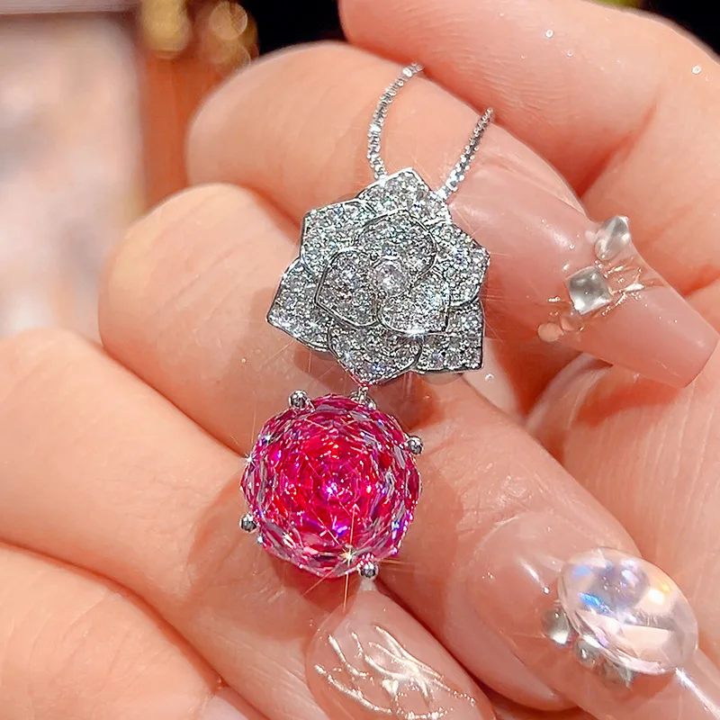 Rose Cut 12mm High Quality Zircon Pink Petal Pendant White Gold Plated Fashion Jewelry Set Best Seller Party Gift Trendy