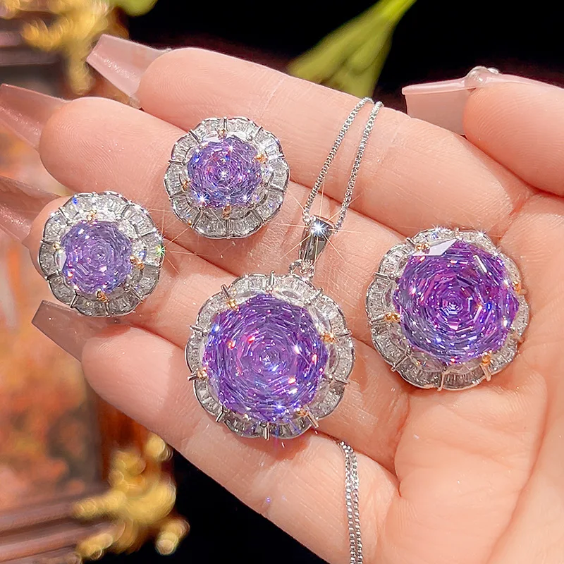Rose Cut 16-10mm High Quality Zircon Violet White Gold Plated Luxury Jewelry Set Bridal Wedding Gift Trendy