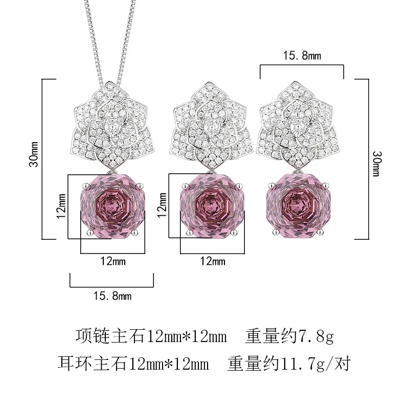 Rose Cut 12mm High Quality Zircon Violet Petal Pendant White Gold Plated Jewelry Set Wedding Party Fashion