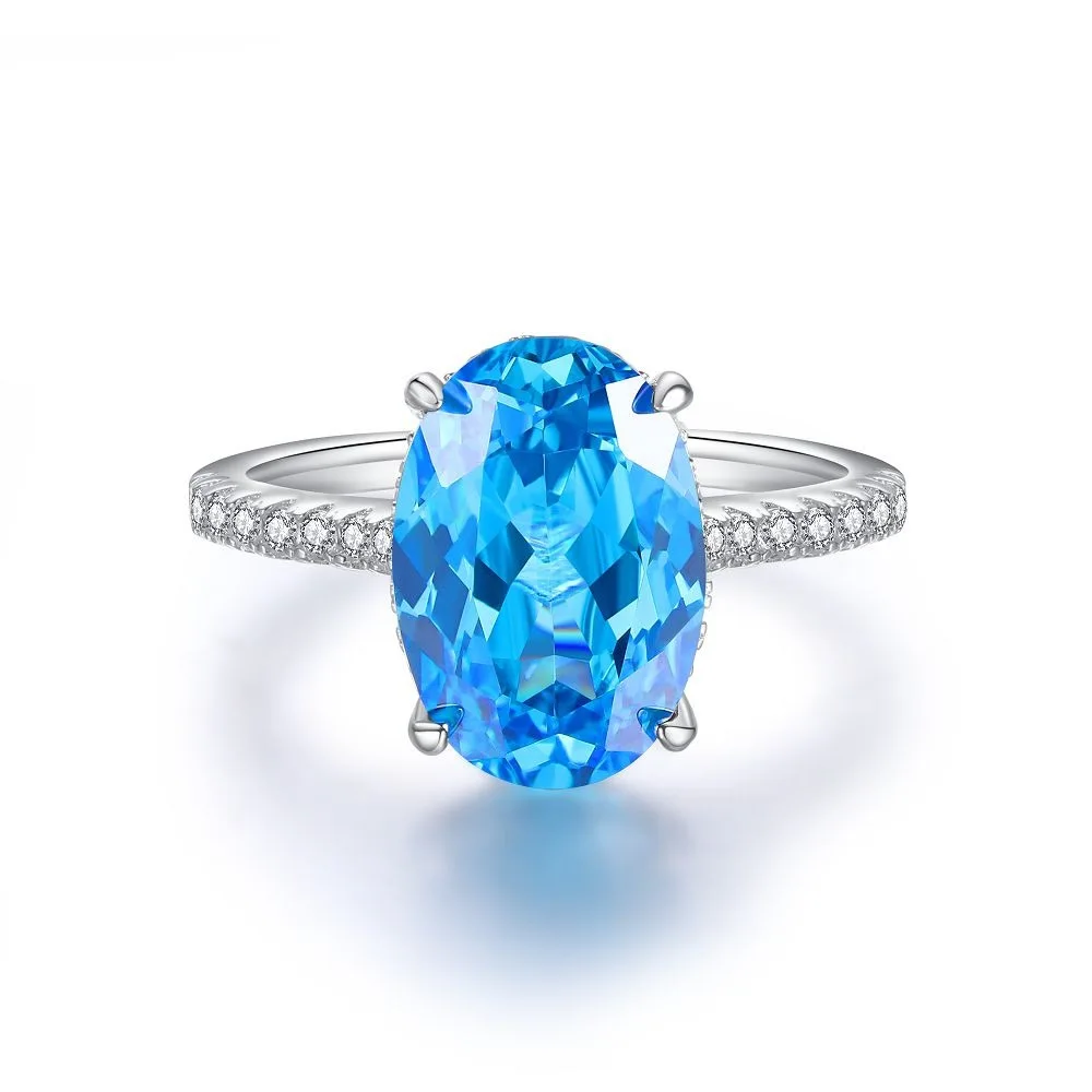 Oval Blue Gemstone Ring S925 Sterling Silver Fine Jewelry For Women Girl Emerald Cut  Lab Grown 5A Zircon High Carbon Diamond