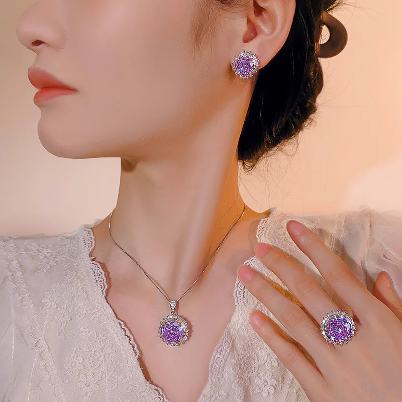 Millennium Cut 14-10mm High Quality Zircon Violet White Gold Plated Round Jewelry Set Party Gift Fashion