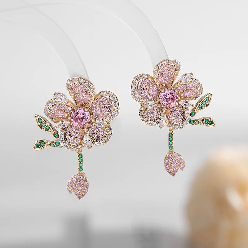Korean Style HQD Full Zircon Flower Smart Leaf Earrings For Women Female Real Ag Needle Gothic Stud Earrings New Trend