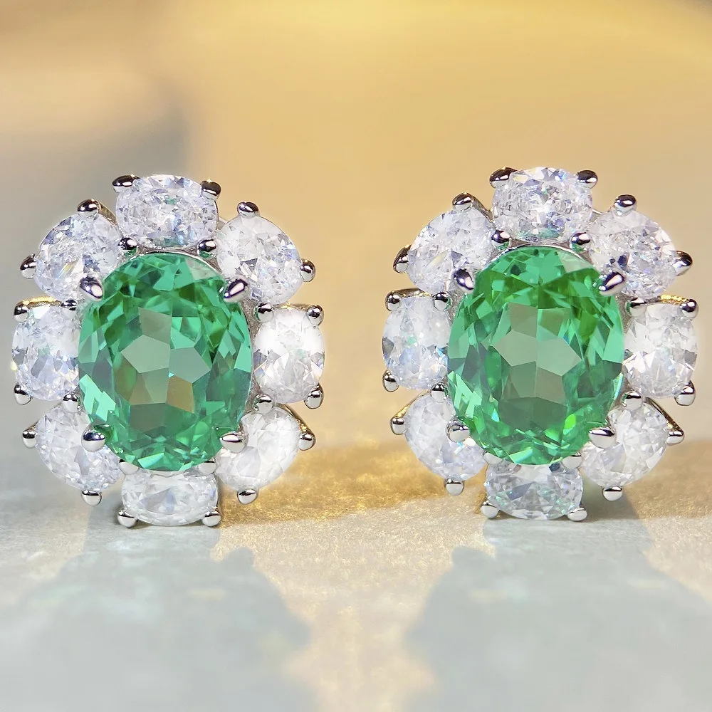 S925 Sterling Silver Earring Stud For Women's Sapphire Pink High Carbon Diamond Jewelry Round  Ruby Emerald Gemstone Charm Party
