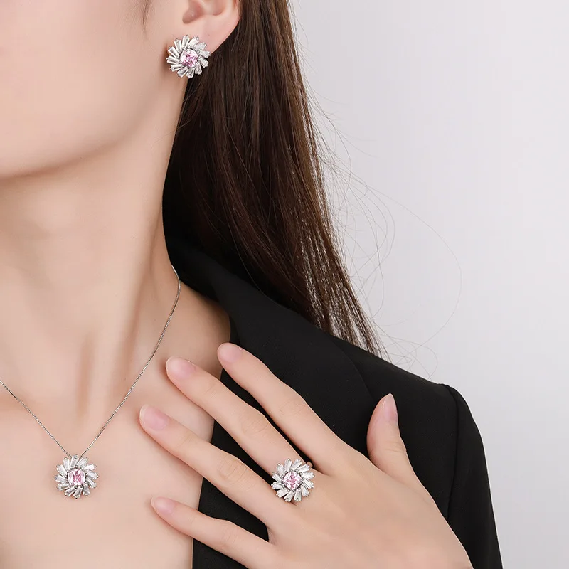 Beautiful Jewelry Set Fashion Pink Flower Pendant Necklace Zircon Rings For Women Small Earrings Cute Charm Valentine's Day Gift