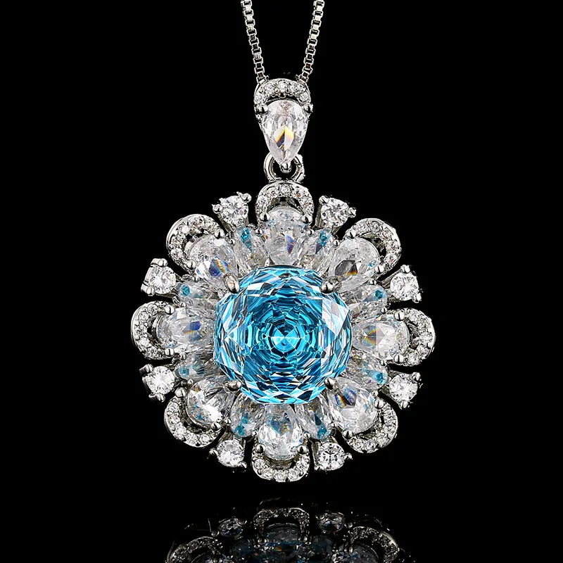 Millennium Cut 12-10mm Zircon Aqua White Gold Plated Blue Flower Big Necklace Earring Ring Jewelry Set Casual Fashion