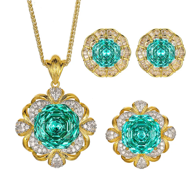 Para Green 16-14mm High Quality Zircon Vintage Brushed White Gold Plated Luxury Jewelry Set Retro Trendy