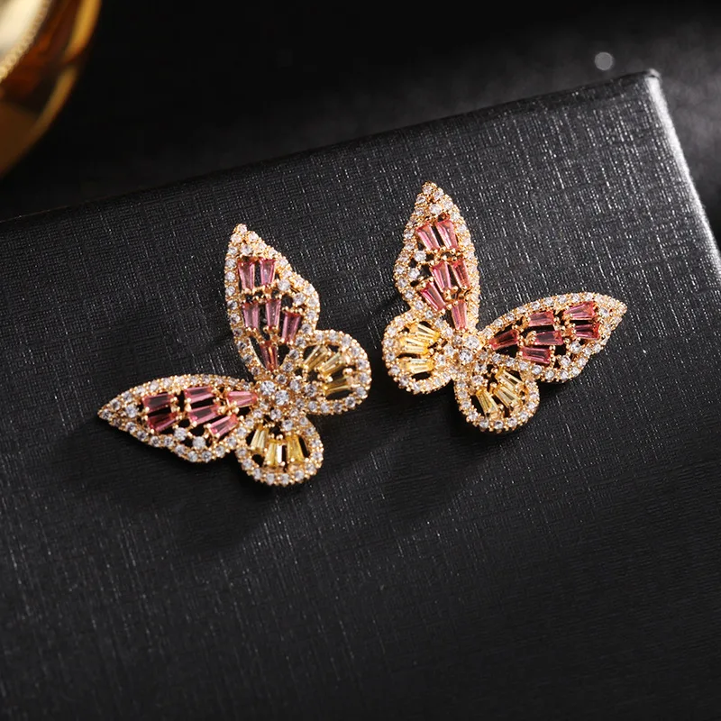 New Fashion Hollow Elegant Butterfly Earrings For Women Colorful Zircon Light Luxury Silver Plated Earrings Jewelry New Trend