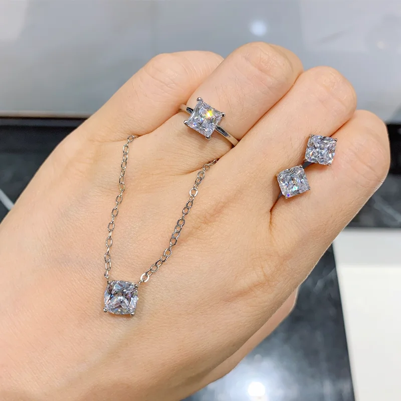 Classic White High Carbon Diamond Necklace Jewelry Set Silver 925 Stud Earrings Ring For Women Luxury Engagement Wedding Girl