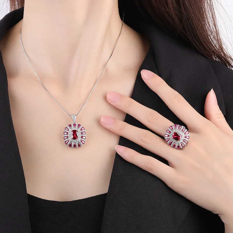 Sparkling Lab Created 7*9mm Sapphire Ruby Pink High Carbon Diamond Jewelry Set For Women Necklace Ring Engagement Wedding Luxury