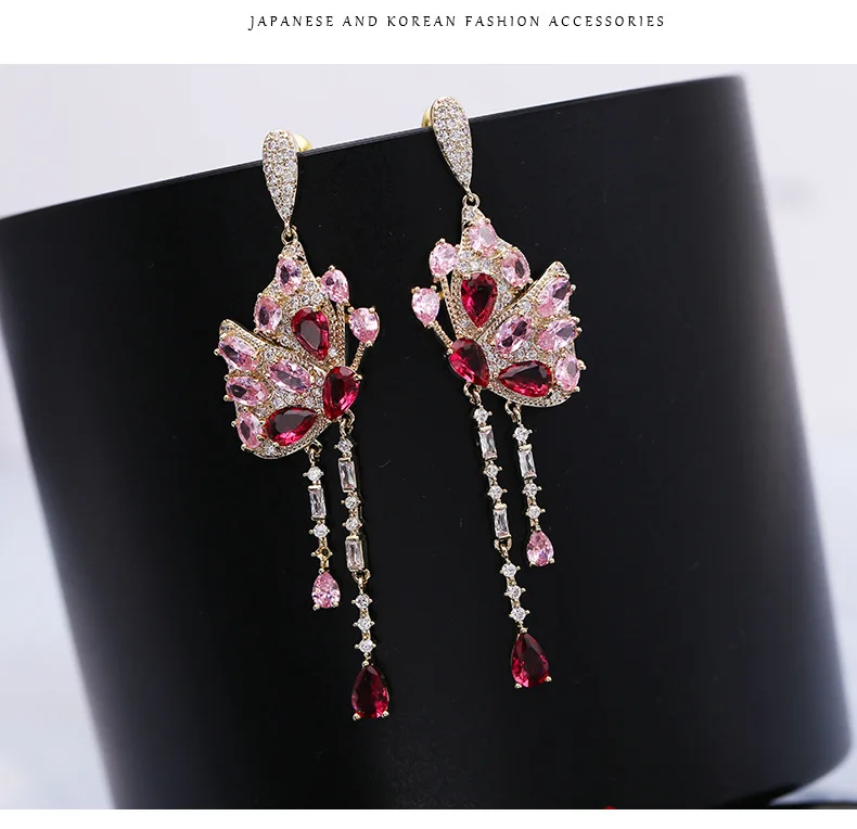 Ethnic Style Colorful Zircon Butterfly Earrings For Women Ladies Wedding Evening Dinner Long Tassel Silver Plated Needle Jewelry