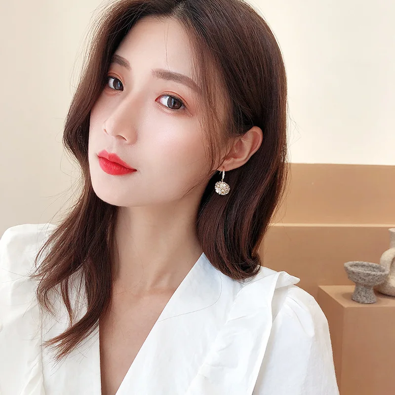 Korean Cute Flower Ball 925 Silver Needle Earrings For Women Girl Wedding Engagement OL Zircon Shell Drop Earrings New Trend