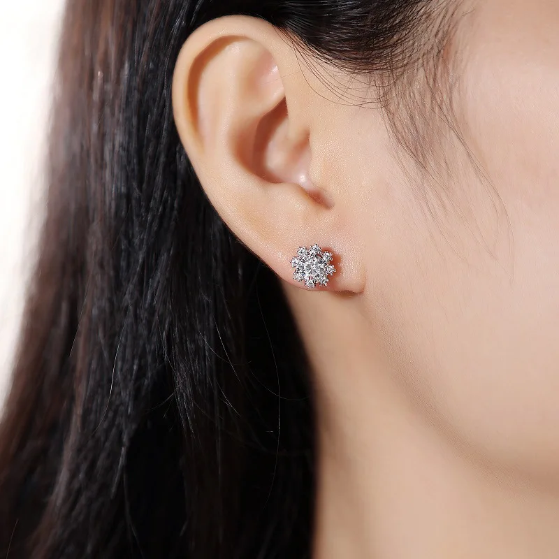 Elegant Four Claw Snowflake Moissanite Stud Earrings For Women S925 Sterling Silver Original Certified Anniversary Gift Jewelry