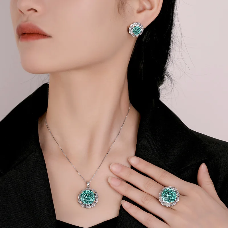 Rose Cut 16-10mm High Quality Zircon Para Green White Gold Plated Elegant Luxury Jewelry Set Bridal Wedding Trendy Statement