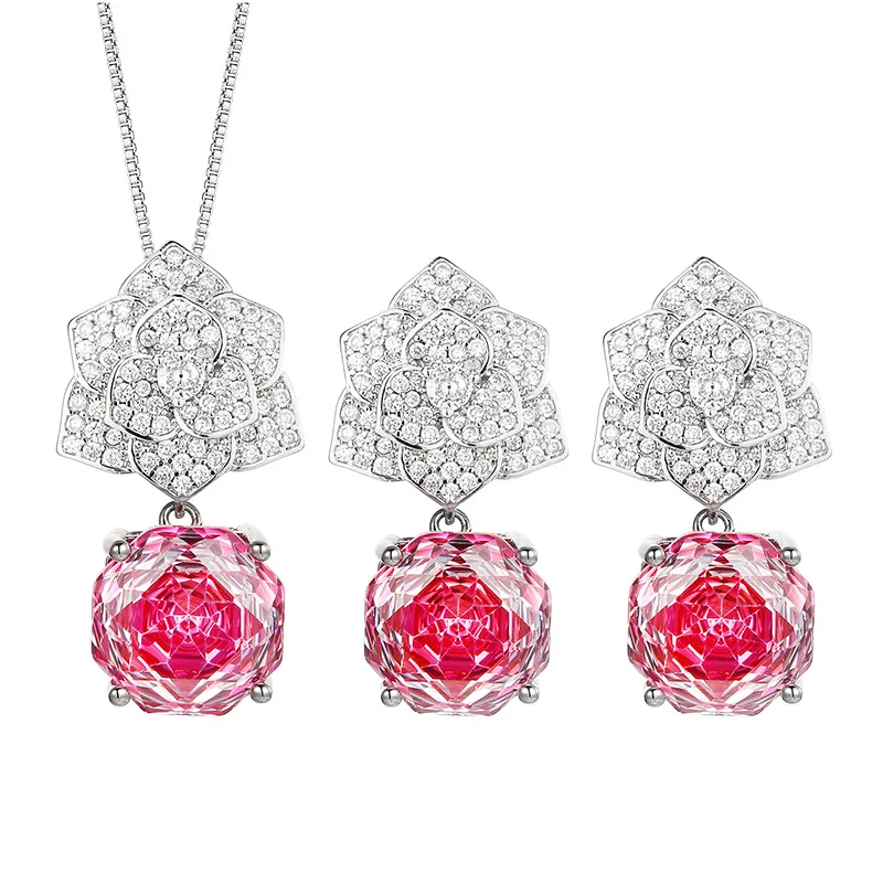 Rose Cut 12mm High Quality Zircon Pink Petal Pendant White Gold Plated Fashion Jewelry Set Best Seller Party Gift Trendy