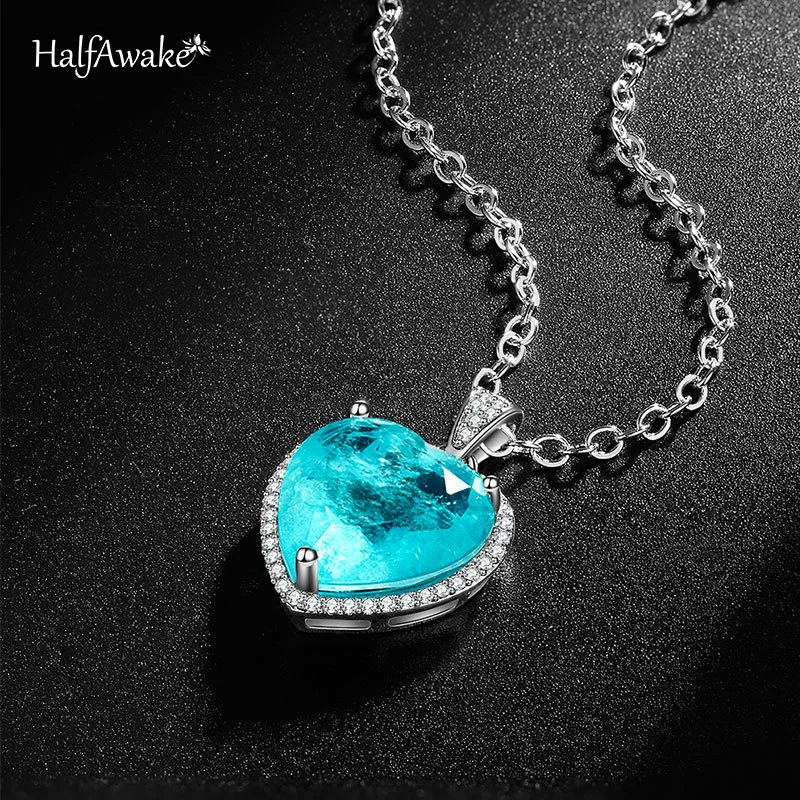 Romantic Lab Created Heart Emerald Paraiba Tourmaline Pendant Necklace Chain Luxury Jewelry Valentine's Day Gift