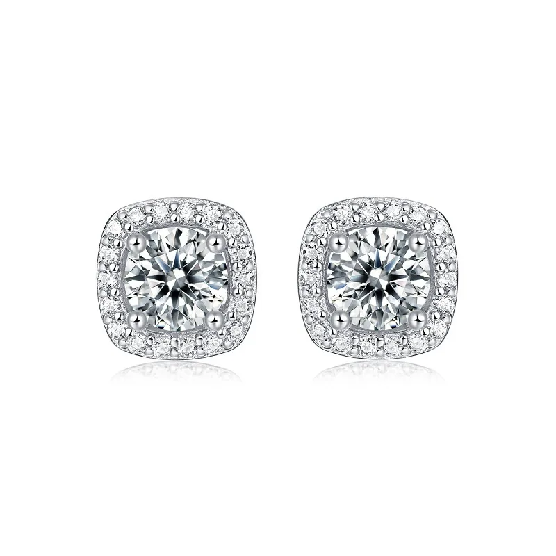 Elegant Four Claw Halo Round Moissanite Stud Earrings For Women Piercing S925 Sterling Silver Original Certified Vintage Jewelry