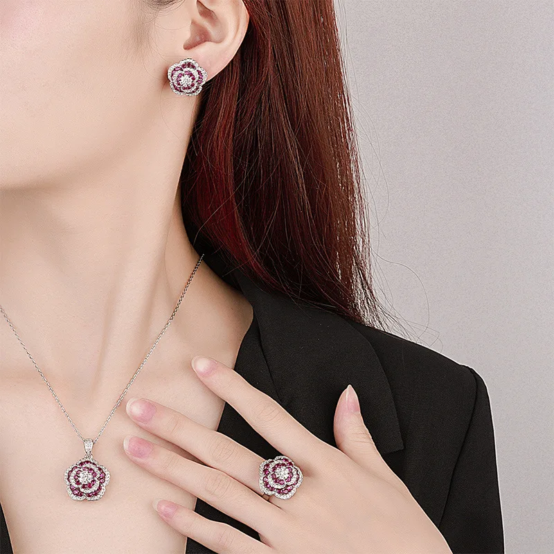 Ruby Rose Elegance Luxury Set Rings Earring Necklace For Women Jewelry Red Corundum Temperament Women Gemstone Charms Party