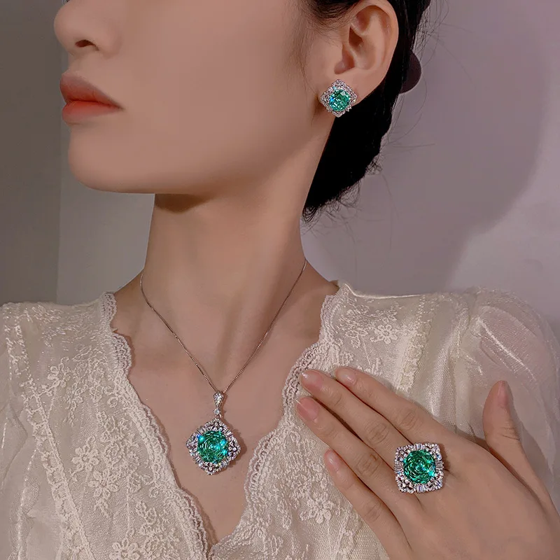 Millennium Cut 16-10mm High Quality Zircon Para Green White Gold Plated Elegant Jewelry Set Retro Trendy
