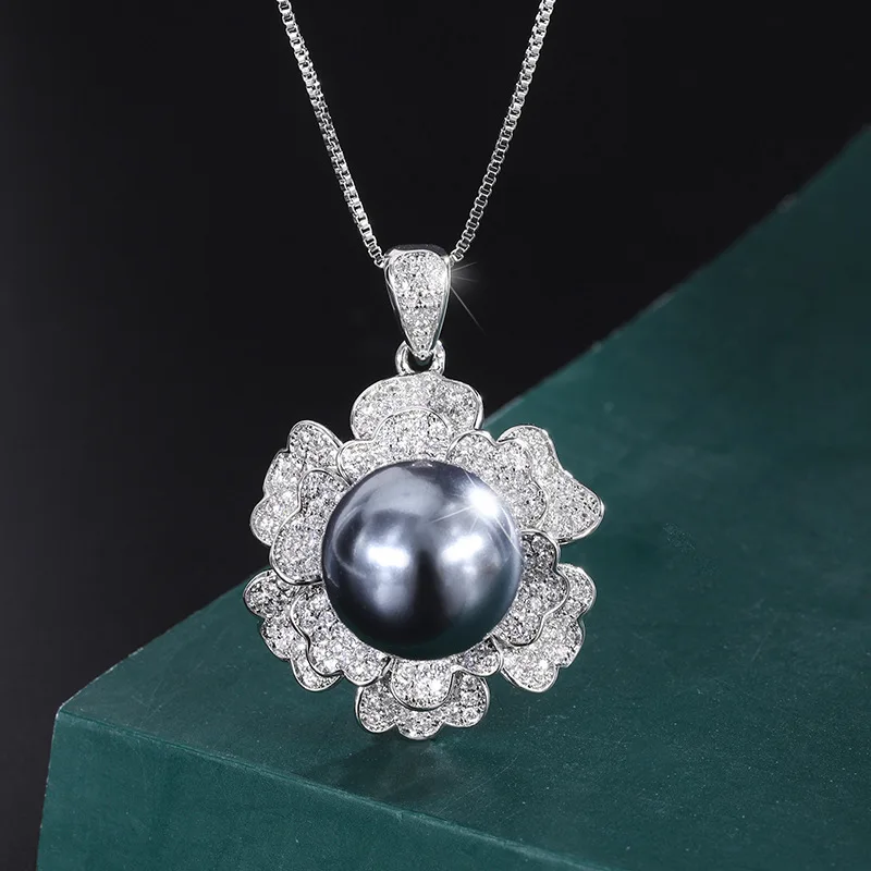 Elegant Artificial Gray Pearl Set 925 Silver Original Flower Pendant Necklace Earrings For Women Vintage Jewelry Anniversary