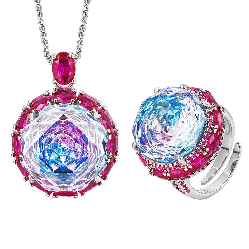 18mm Big Blue Pink Zircon Diamond Jewelry Set For Women Girl  Sparkling Rose Cut Stone Necklace Adjustable Ring Wedding Gift