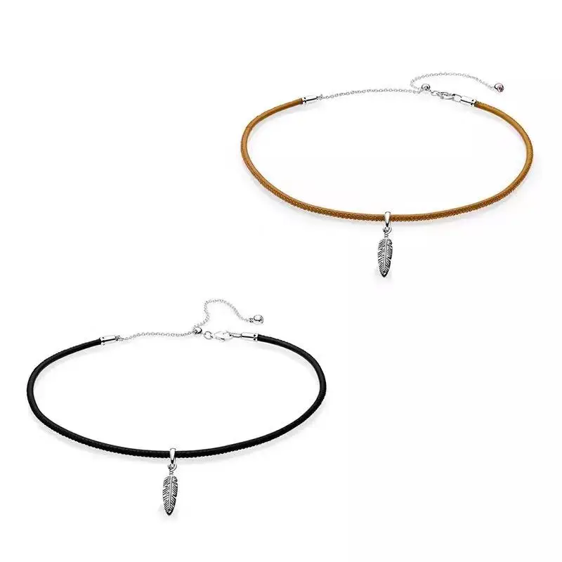 Black Leather Chain Choker Silver Plated Copper Alloy Original Charms Pendant Necklace For Women Men Free Shipping DIY Jewelry New In