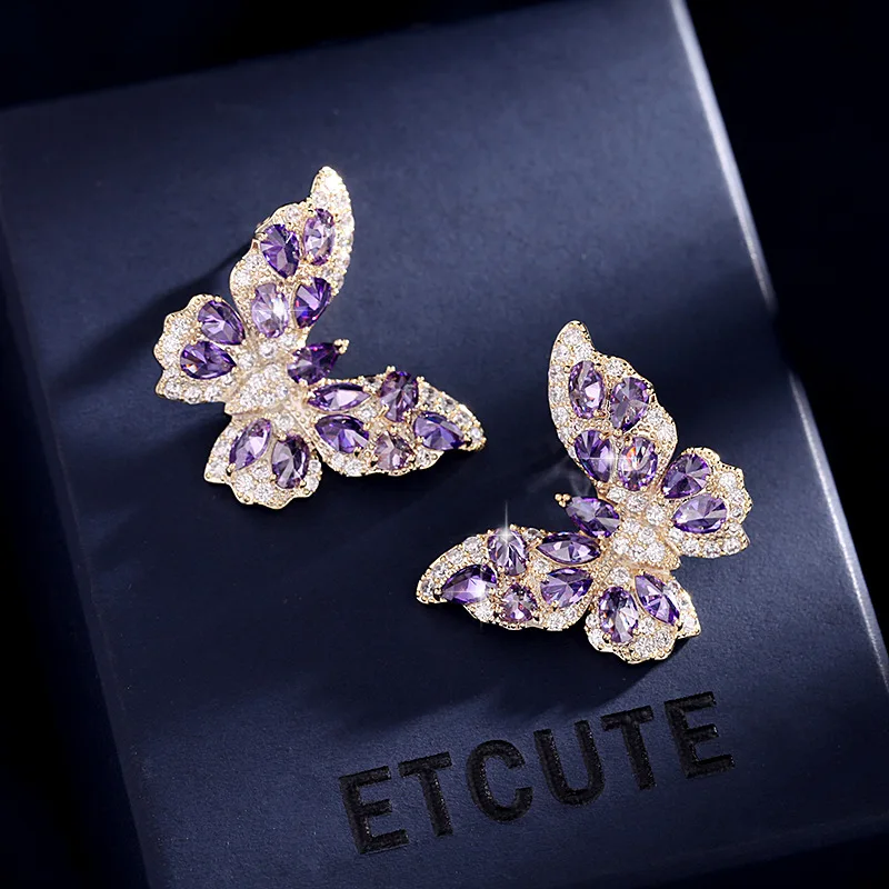 HQD Colorful Zircon Butterfly Earrings For Women Female Real Ag Needle Ear Piercing Party Stud Earrings Beautiful Jewelry