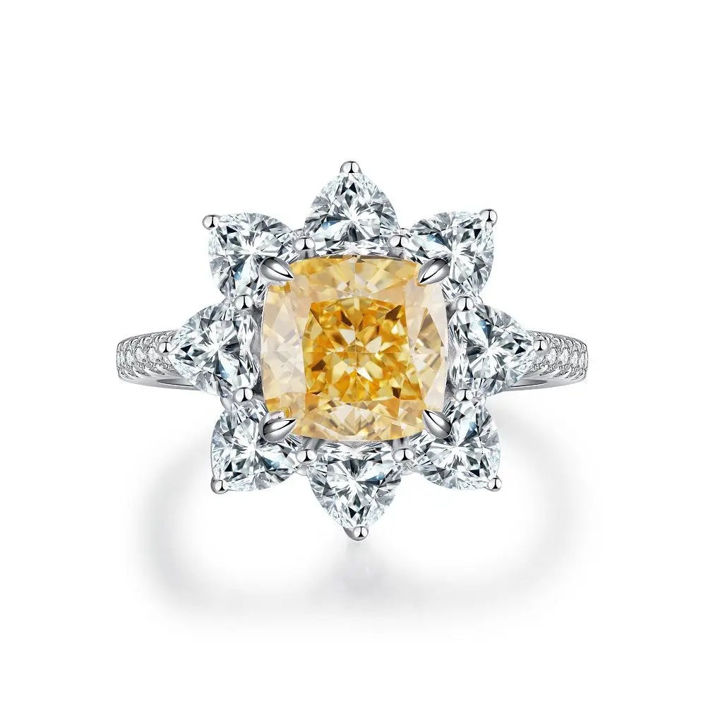 Yellow 5A Zircon S925 Sterling Silver Square Radiant Cut Ring For Women Girl Ice Flowers Wedding Ring Luxury Fine Jewelry Gift