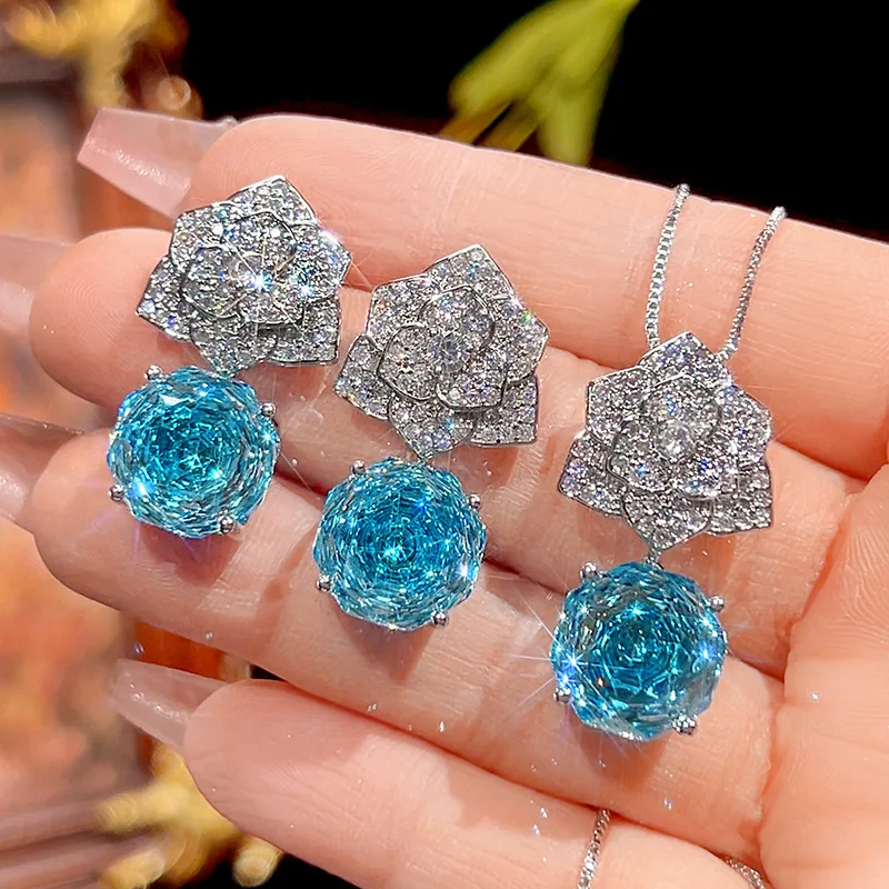 Rose Cut 12mm High Quality Zircon Aqua Petal White Gold Plated Pendant Jewelry Set Bridal Trendy Elegant