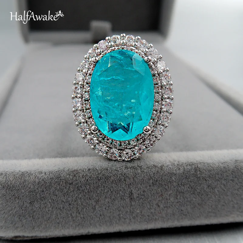 Hot Oval Emerald Paraiba Ruby Big Ring For Women Wedding Party Evening Dress Retro Gemstone Massive Zircon Around Fine Jewelry