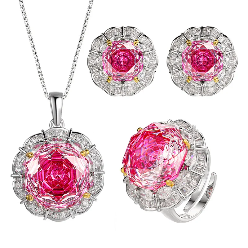 Rose Cut 16-10mm High Quality Zircon Dragon Fruit Color White Gold Plated Elegant Jewelry Set Party Fashion