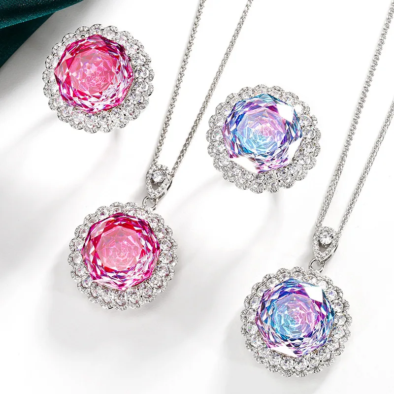 Rose Cut 18mm High Quality Zircon Dragon Fruit Color White Gold Plated Luxury Jewelry Set Bridal Wedding Gift Trendy Elegant