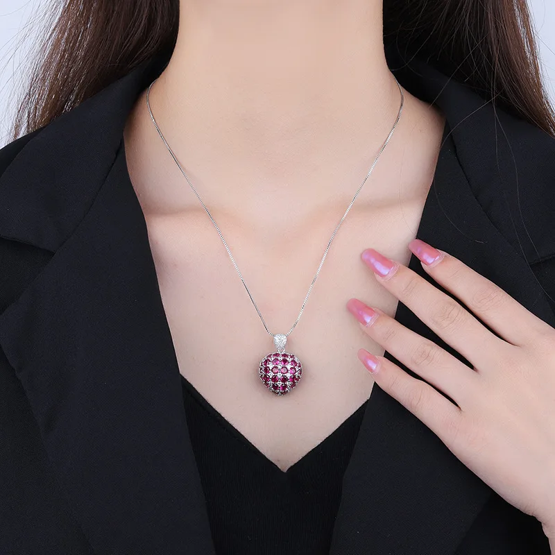 925 Silver Women's Necklace Korean Version Temperament Color Gem Heart Pendant European American Style Sweet Romantic Jewelry