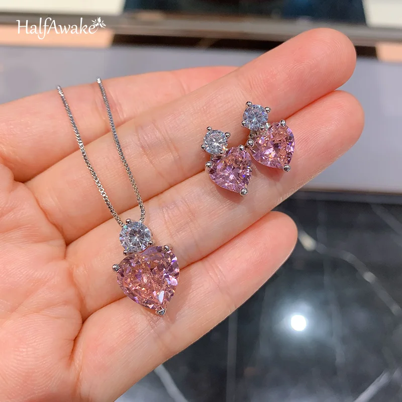 Romantic Pink Heart High Carbon Diamond S925 Silver Jewelry Set Pendant Necklace Earrings For Women Luxury Valentine's Day Gift